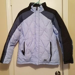 Light and dark blue puffer ski jacket